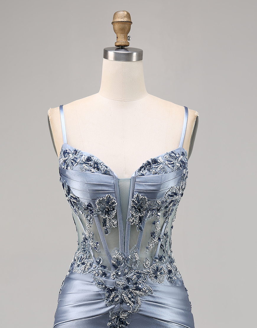 Grey Blue Satin Tight Short Corset Homecoming Dress with Appliques