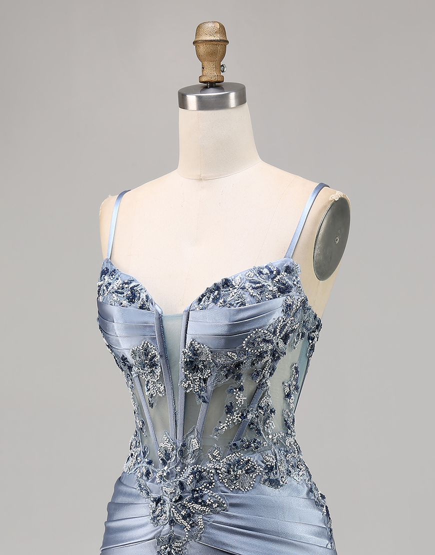 Grey Blue Satin Tight Short Corset Homecoming Dress with Appliques