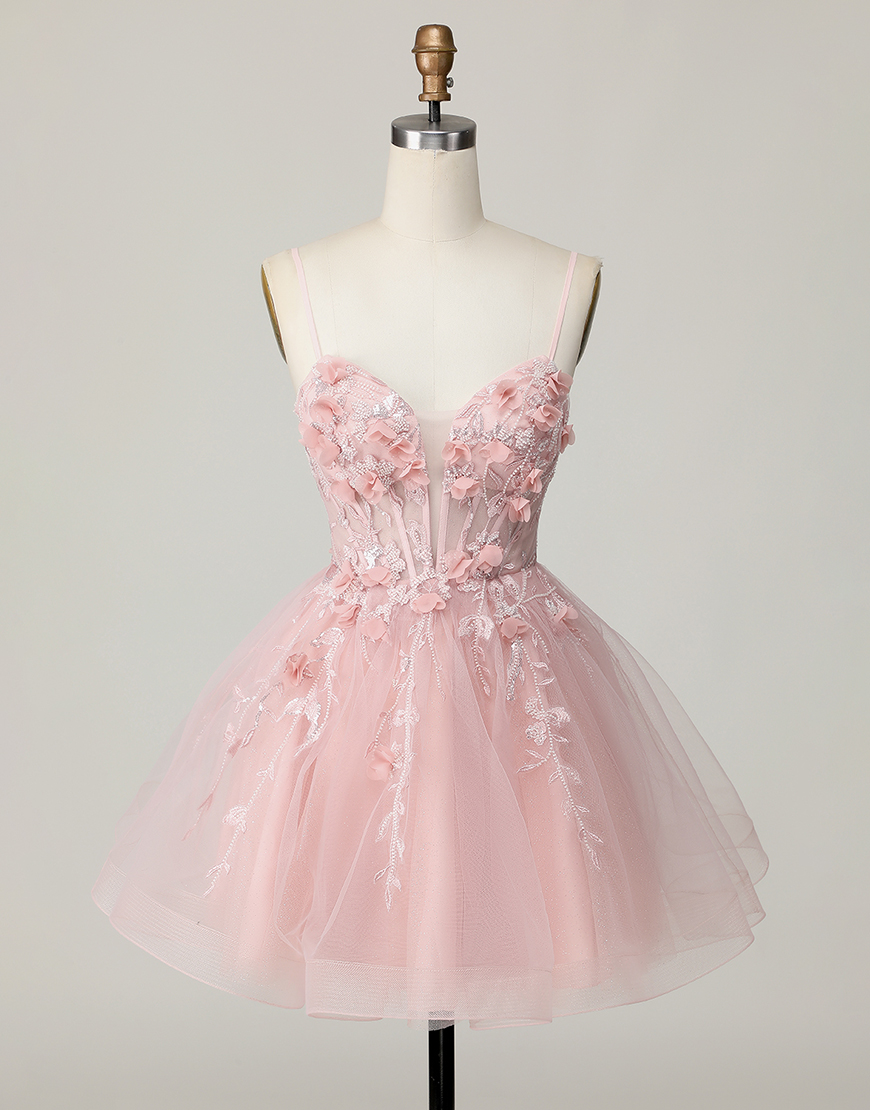 Pink Spaghetti Straps A Line Floral Short Corset Homecoming Dress