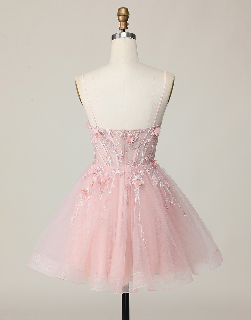 Pink Spaghetti Straps A Line Floral Short Corset Homecoming Dress