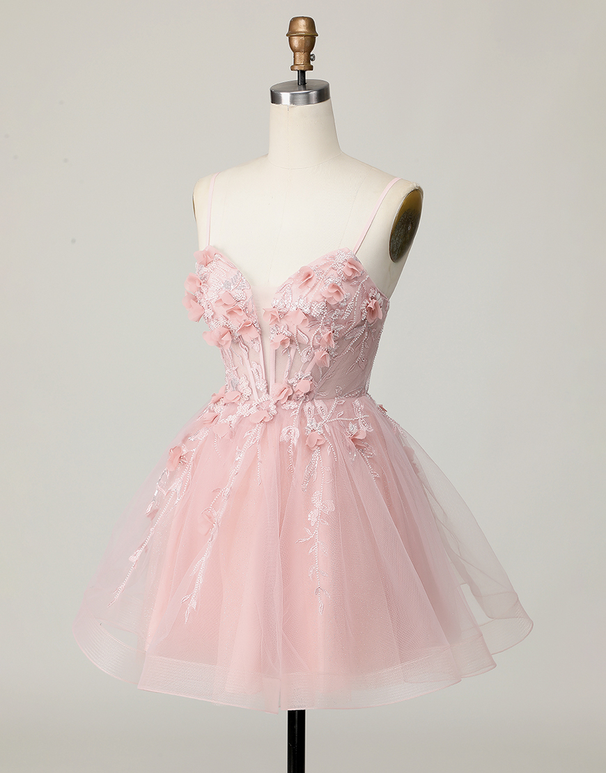 Pink Spaghetti Straps A Line Floral Short Corset Homecoming Dress