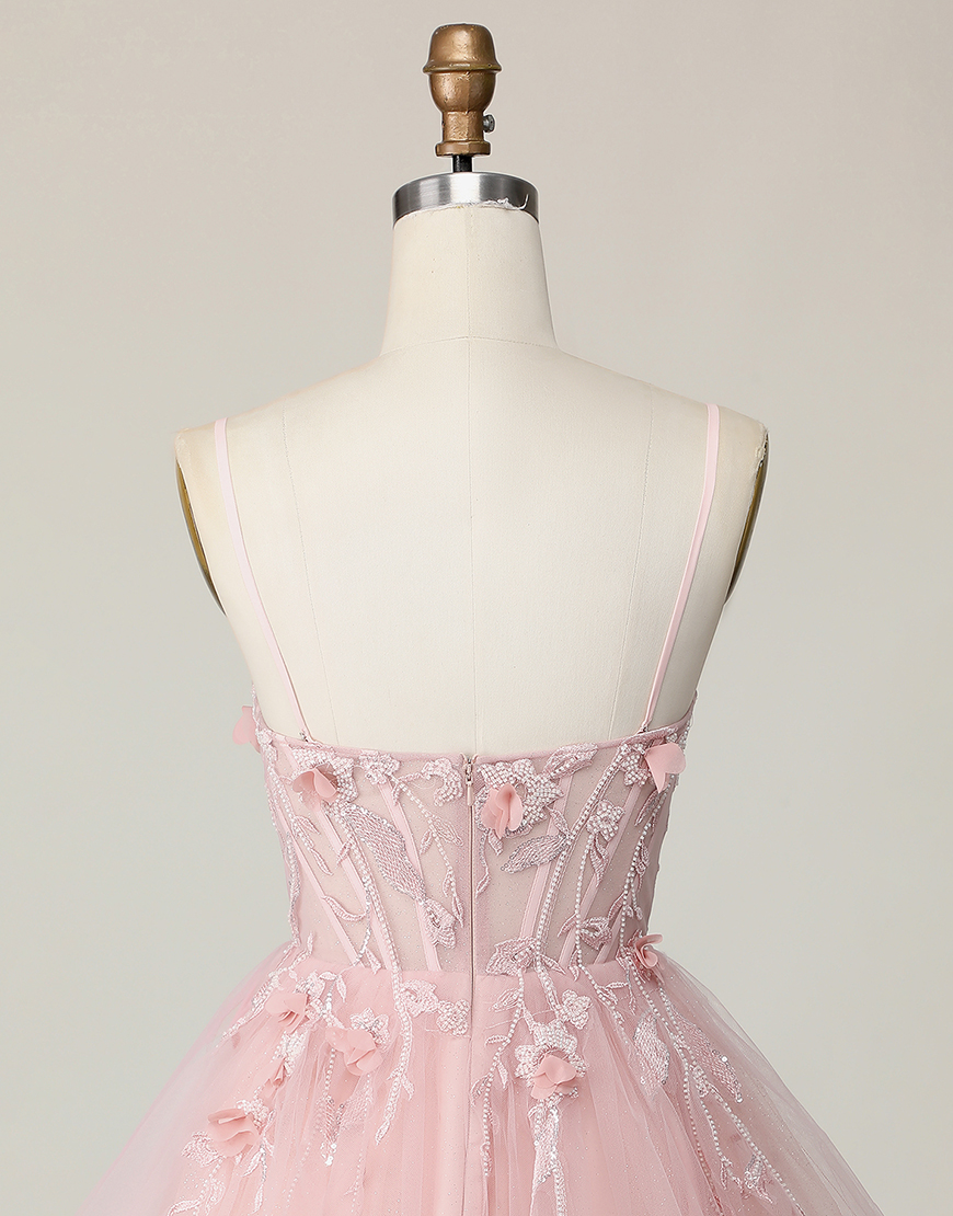 Pink Spaghetti Straps A Line Floral Short Corset Homecoming Dress