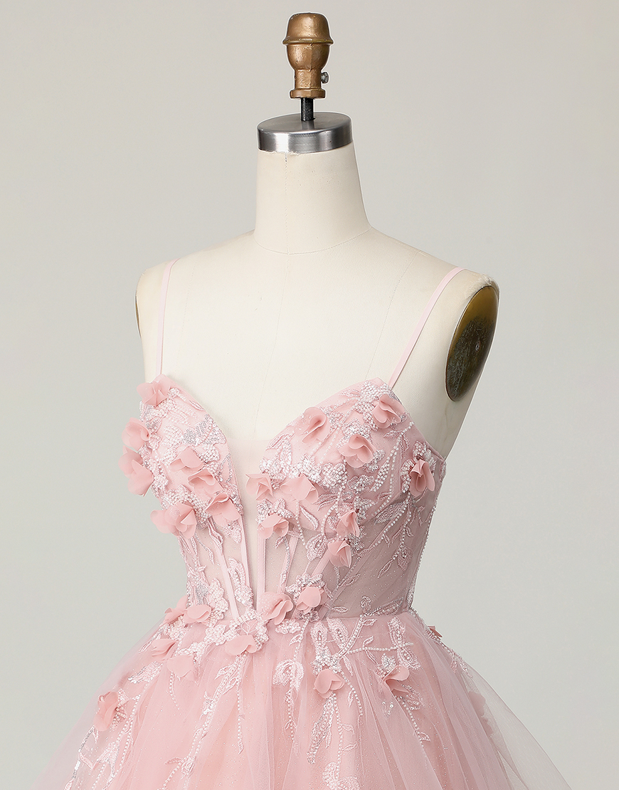 Pink Spaghetti Straps A Line Floral Short Corset Homecoming Dress