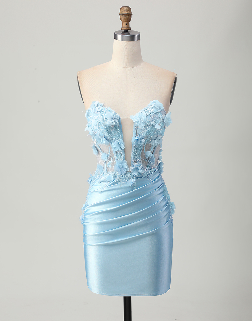 Sky Blue Floral Satin Tight Short Corset Homecoming Dress