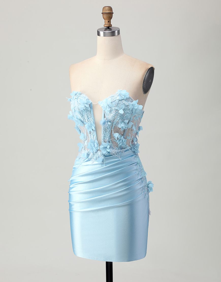 Sky Blue Floral Satin Tight Short Corset Homecoming Dress