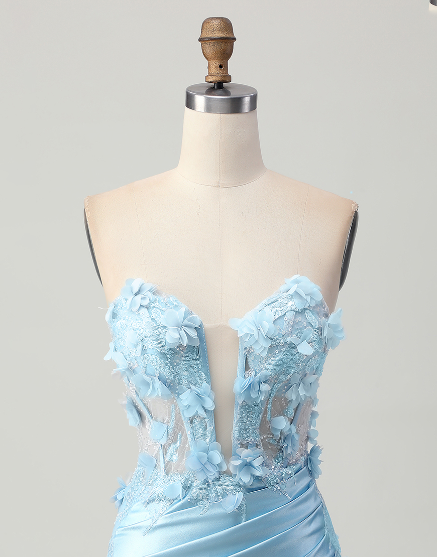 Sky Blue Floral Satin Tight Short Corset Homecoming Dress