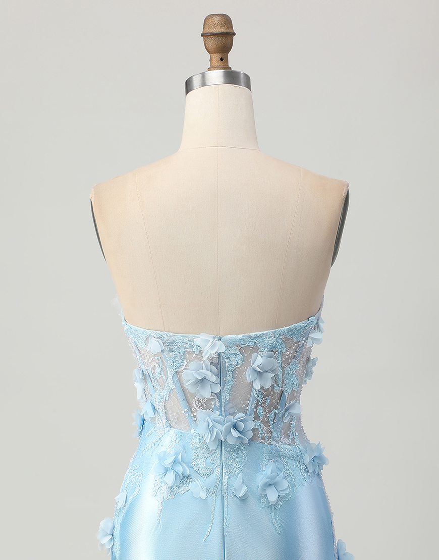 Sky Blue Floral Satin Tight Short Corset Homecoming Dress