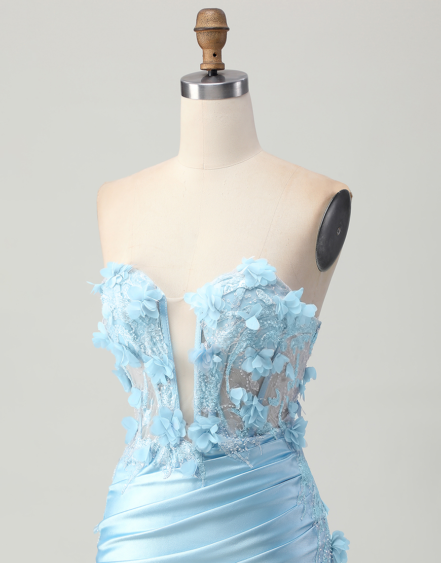 Sky Blue Floral Satin Tight Short Corset Homecoming Dress