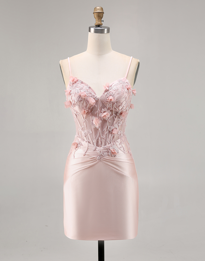 Pink Satin Floral Tight Short Corset Homecoming Dress