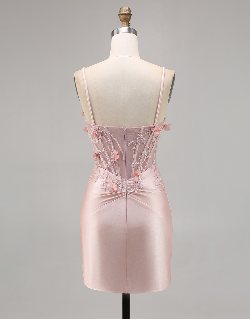 Pink Satin Floral Tight Short Corset Homecoming Dress