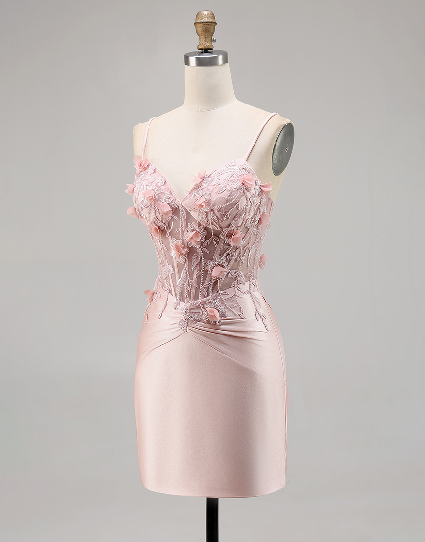 Pink Satin Floral Tight Short Corset Homecoming Dress