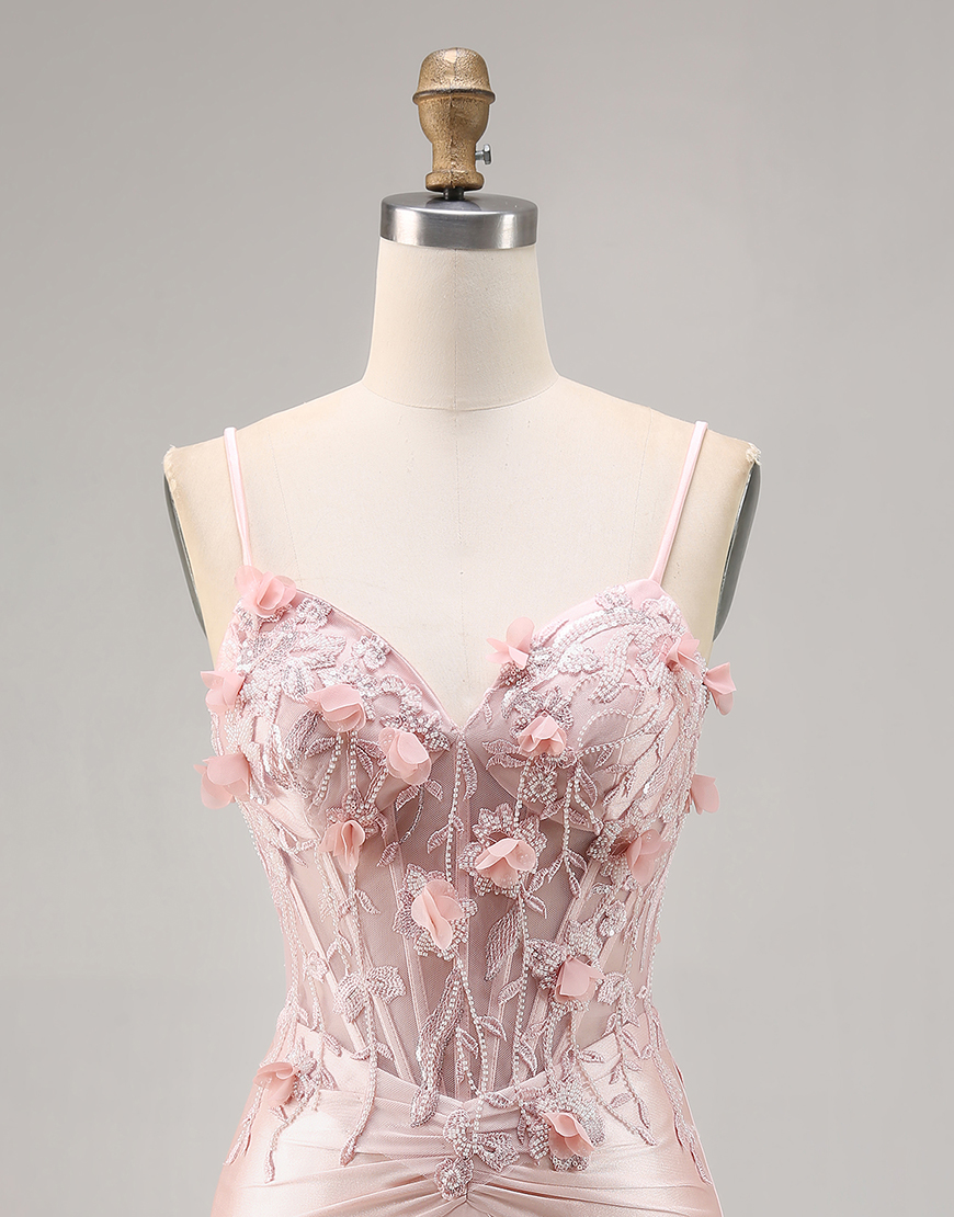 Pink Satin Floral Tight Short Corset Homecoming Dress
