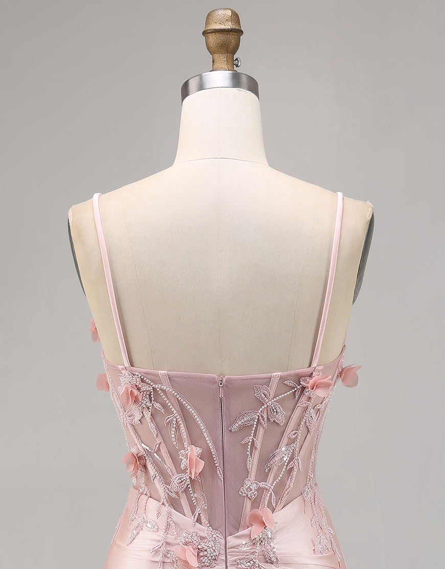 Pink Satin Floral Tight Short Corset Homecoming Dress