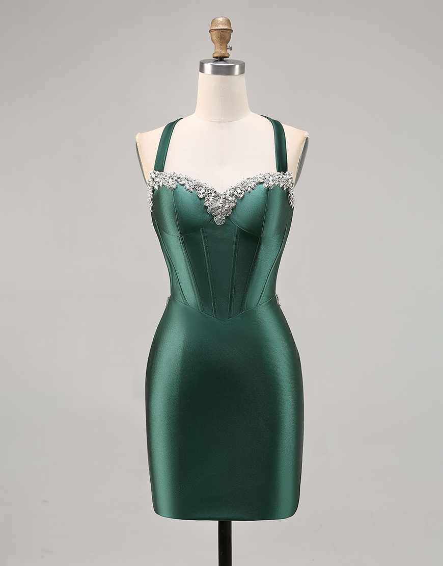 Sparkly Dark Green Tight Satin Short Corset Homecoming Dress with Beading