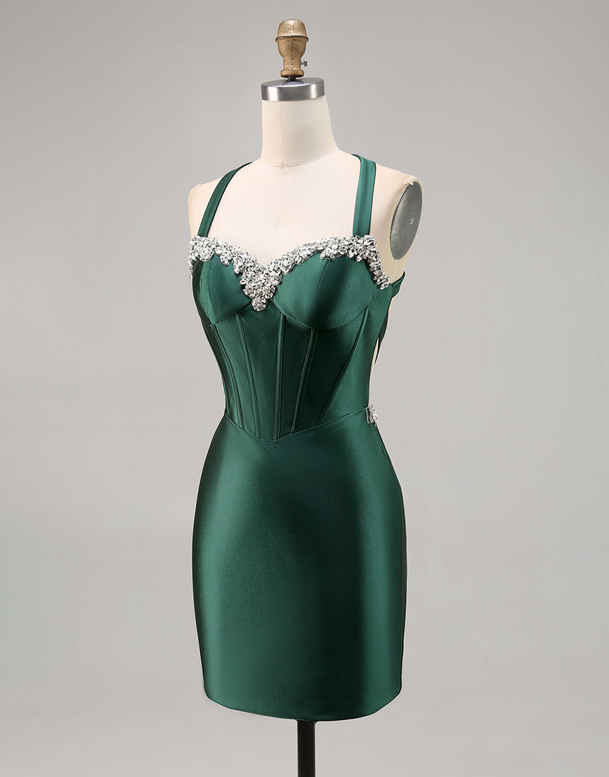 Sparkly Dark Green Tight Satin Short Corset Homecoming Dress with Beading