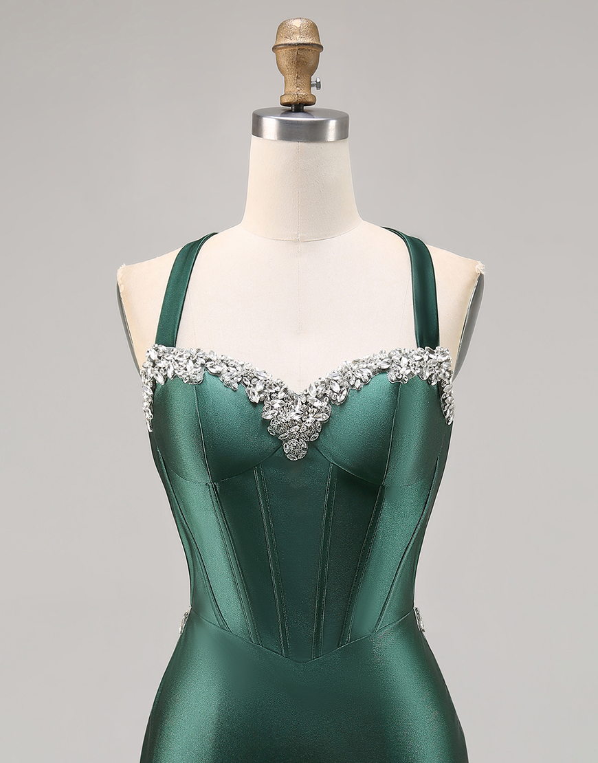 Sparkly Dark Green Tight Satin Short Corset Homecoming Dress with Beading