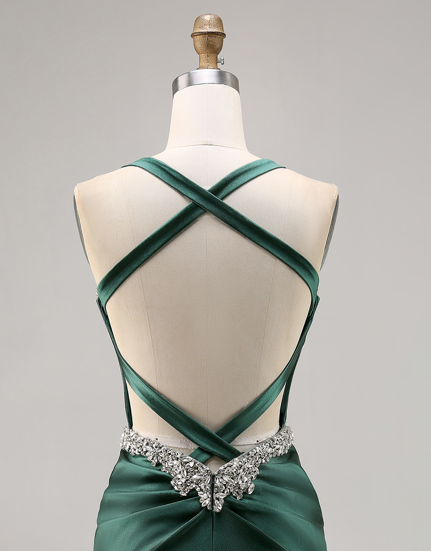 Sparkly Dark Green Tight Satin Short Corset Homecoming Dress with Beading