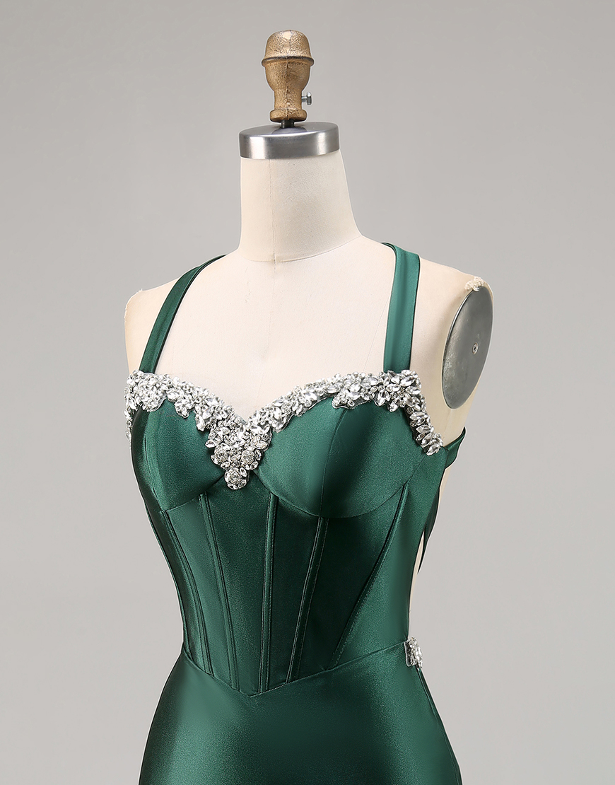 Sparkly Dark Green Tight Satin Short Corset Homecoming Dress with Beading