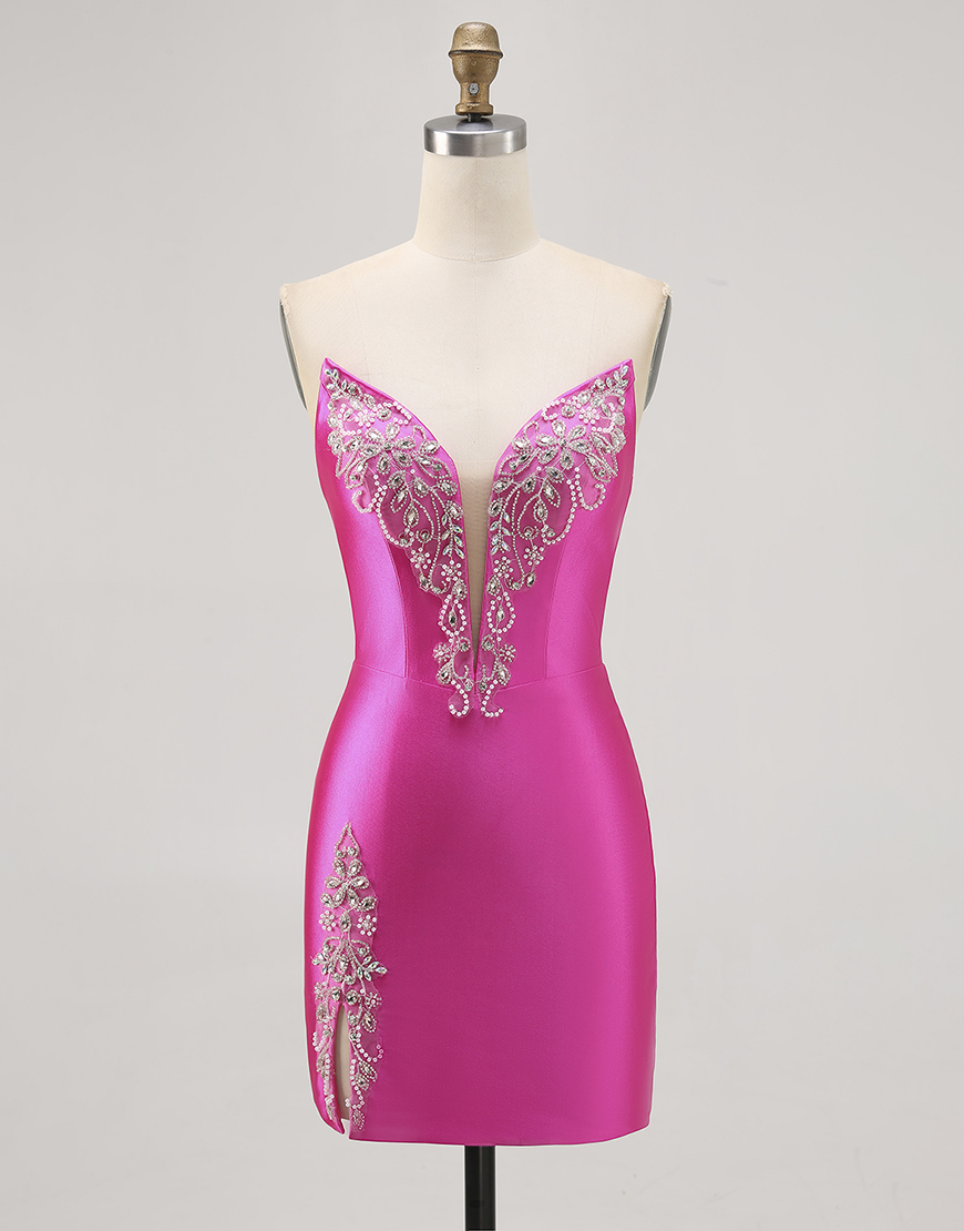 Sparkly Fuchsia Satin Tight Short Strapless Homecoming Dress with Rhinestones