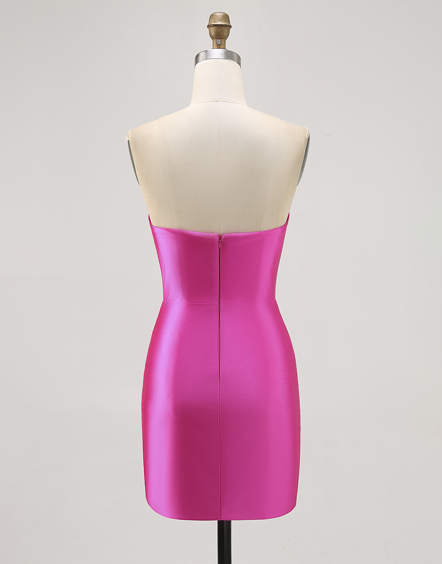Sparkly Fuchsia Satin Tight Short Strapless Homecoming Dress with Rhinestones