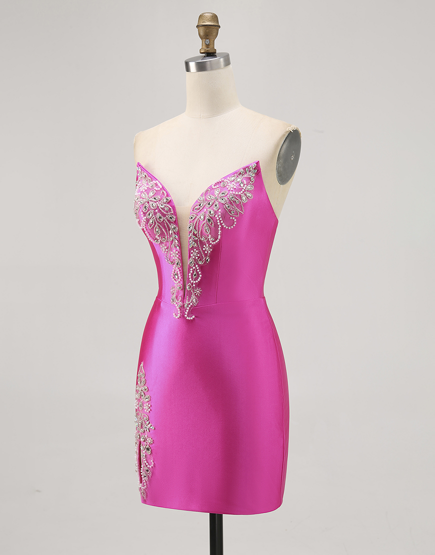Sparkly Fuchsia Satin Tight Short Strapless Homecoming Dress with Rhinestones