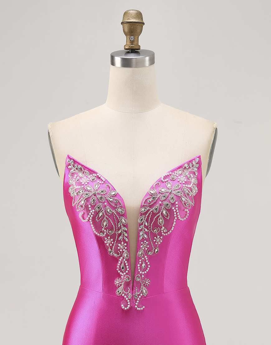 Sparkly Fuchsia Satin Tight Short Strapless Homecoming Dress with Rhinestones