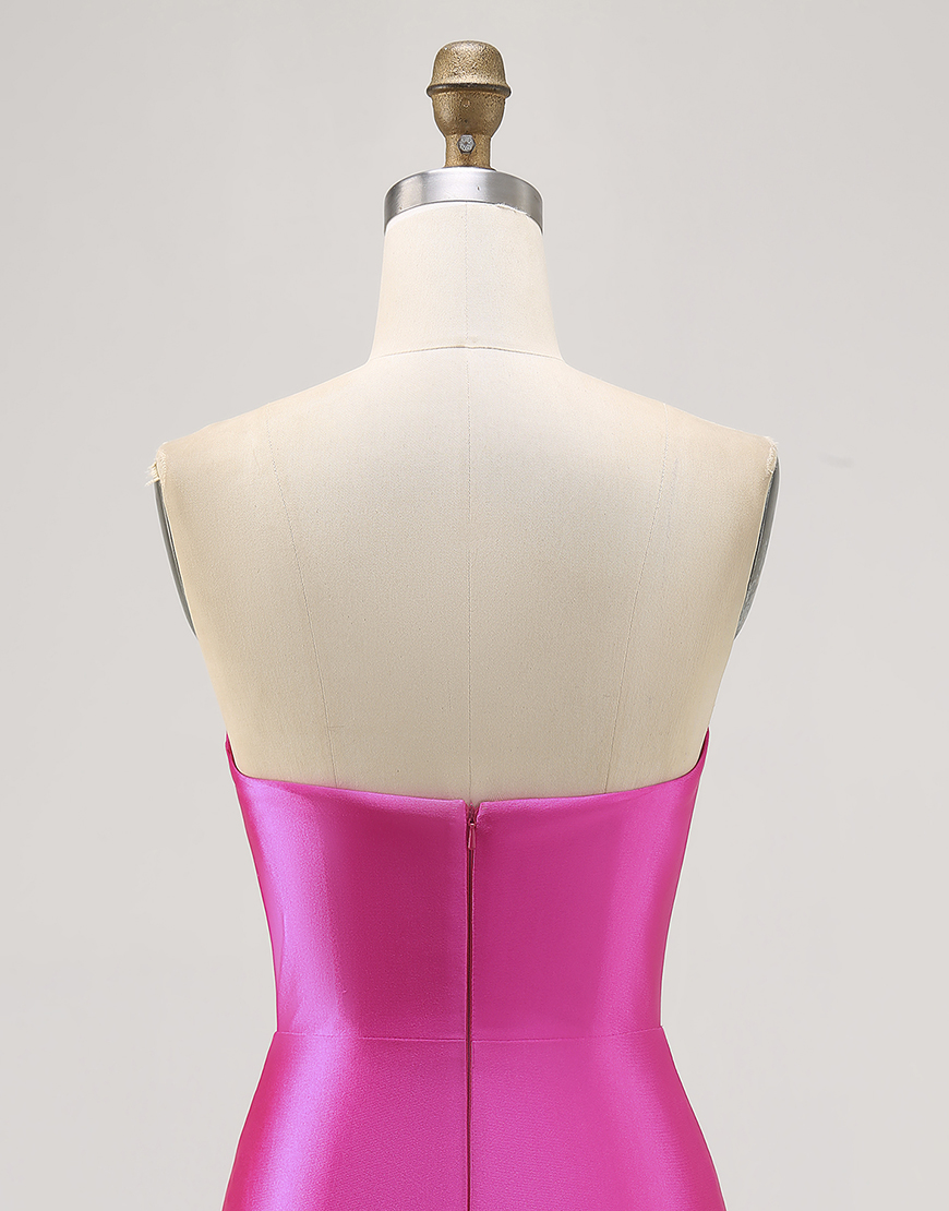 Sparkly Fuchsia Satin Tight Short Strapless Homecoming Dress with Rhinestones