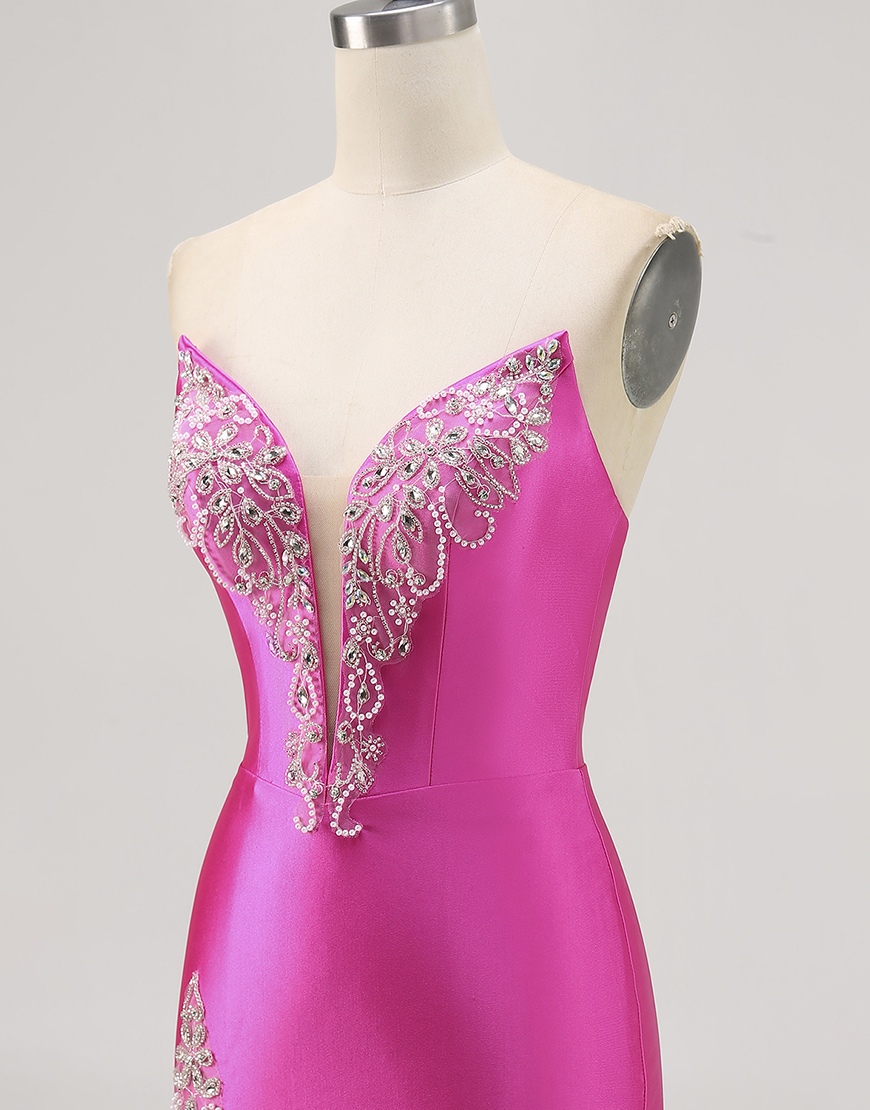 Sparkly Fuchsia Satin Tight Short Strapless Homecoming Dress with Rhinestones