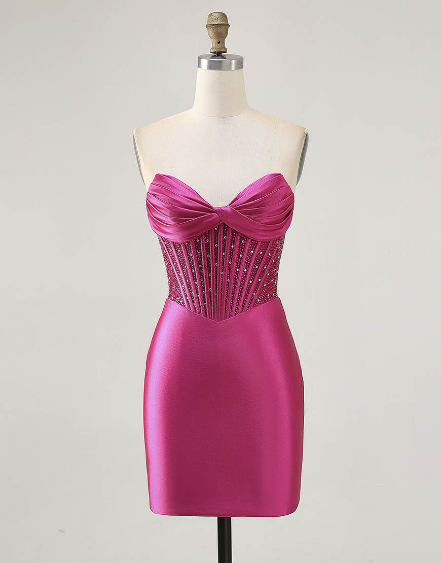 Sparkly Fuchsia Corset Beaded Strapless Short Satin Homecoming Dress