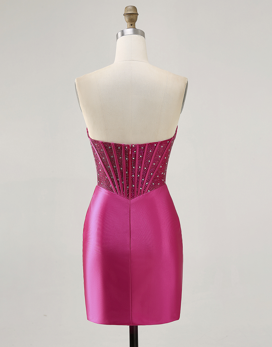 Sparkly Fuchsia Corset Beaded Strapless Short Satin Homecoming Dress