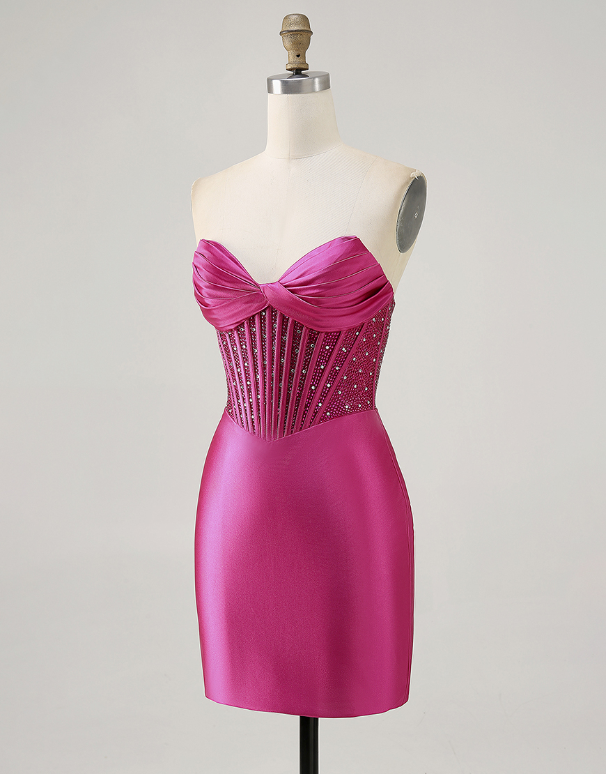 Sparkly Fuchsia Corset Beaded Strapless Short Satin Homecoming Dress