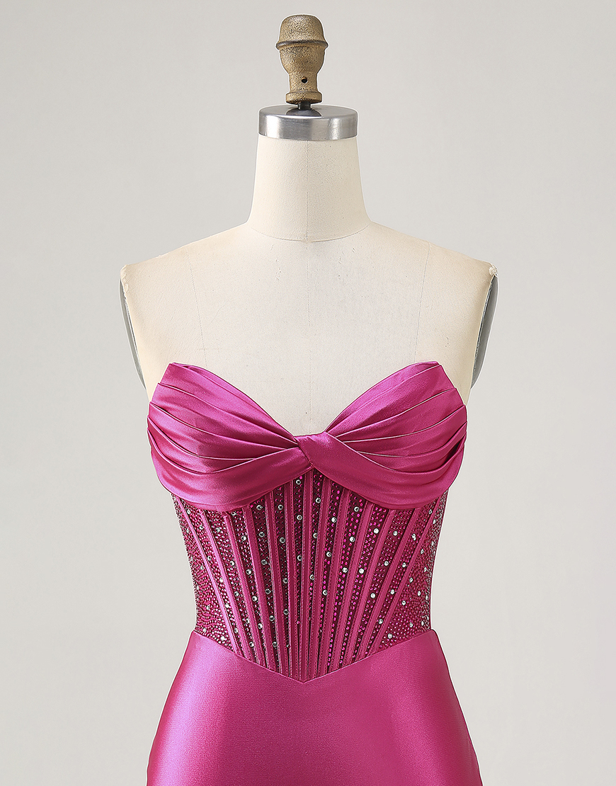 Sparkly Fuchsia Corset Beaded Strapless Short Satin Homecoming Dress