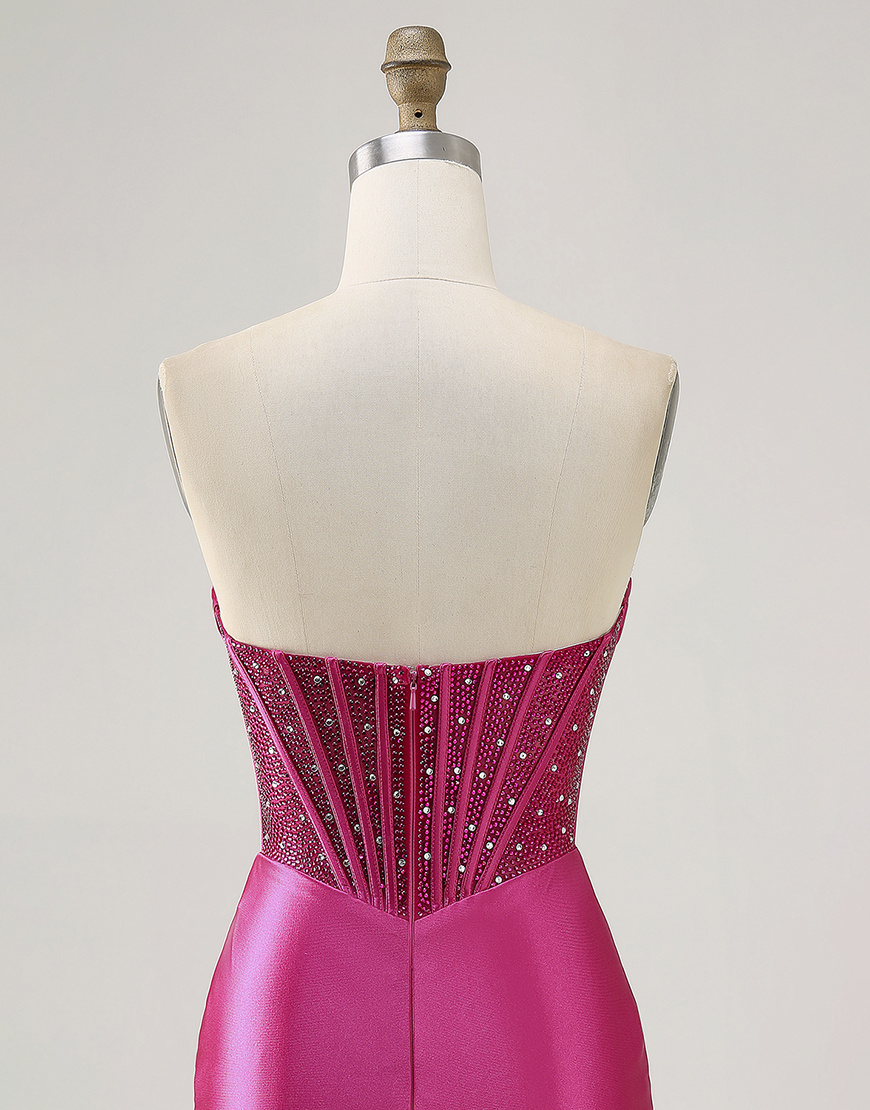 Sparkly Fuchsia Corset Beaded Strapless Short Satin Homecoming Dress