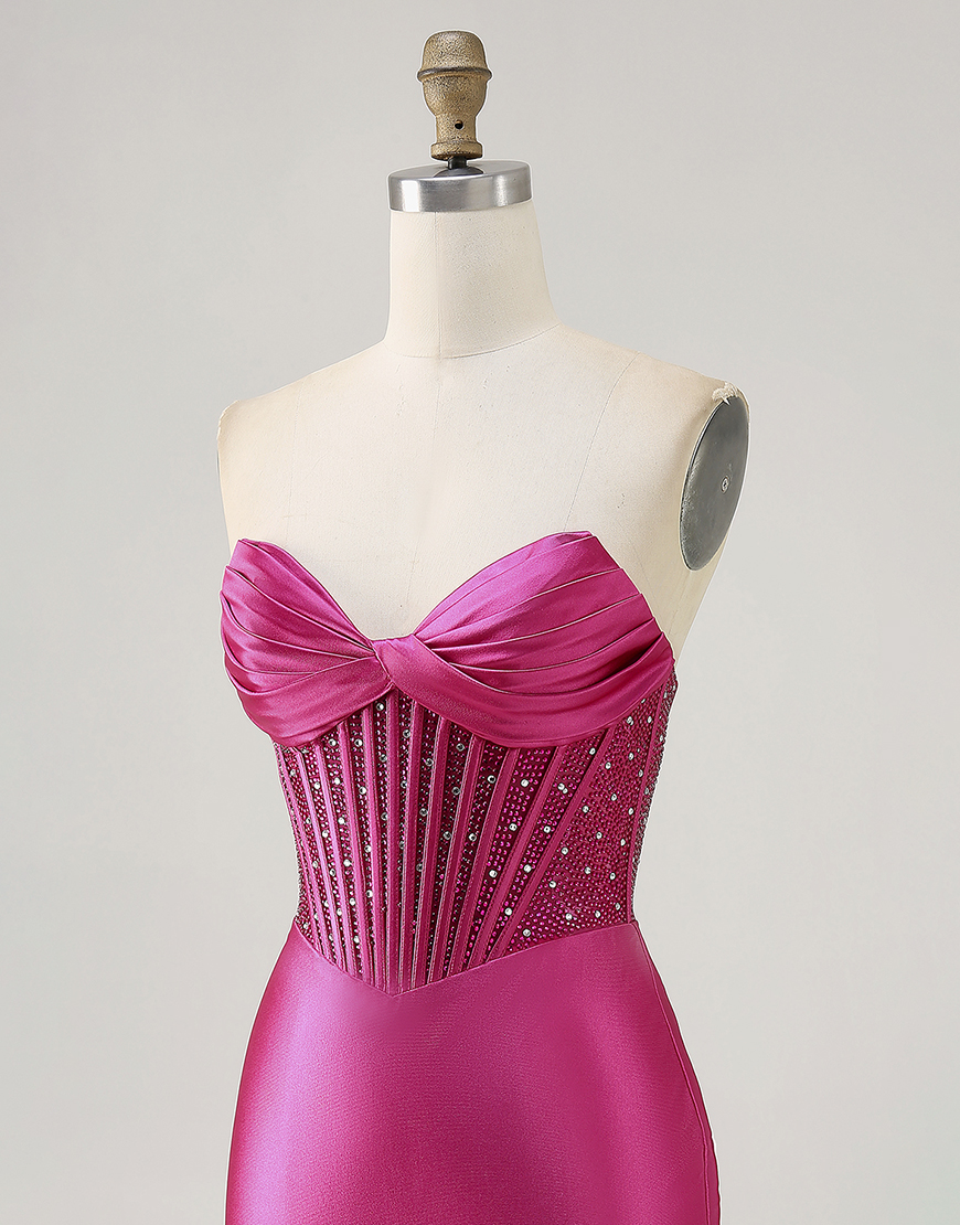 Sparkly Fuchsia Corset Beaded Strapless Short Satin Homecoming Dress