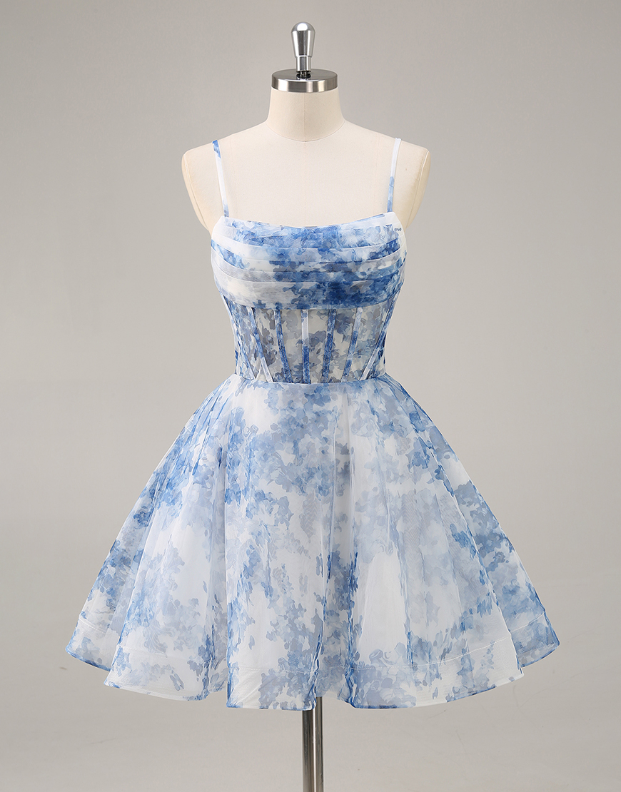 White and Blue Floral Corset Ruched Short Homecoming Dress
