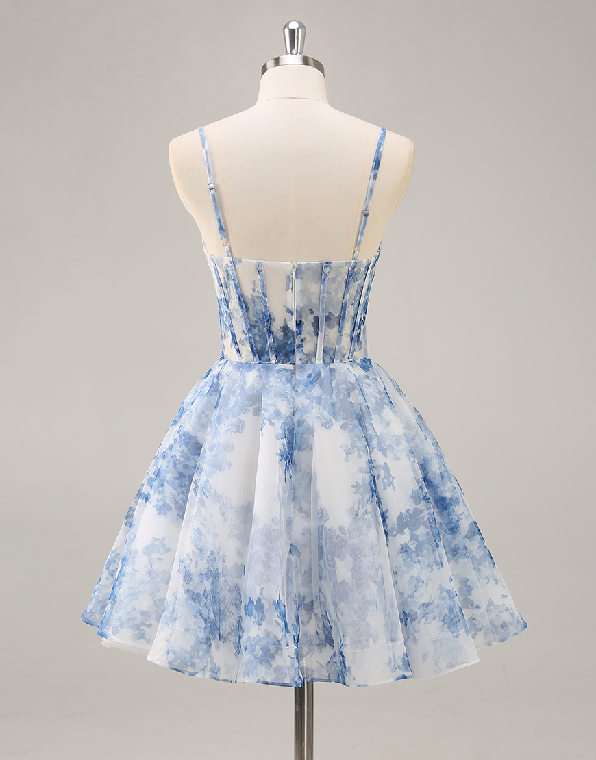 White and Blue Floral Corset Ruched Short Homecoming Dress