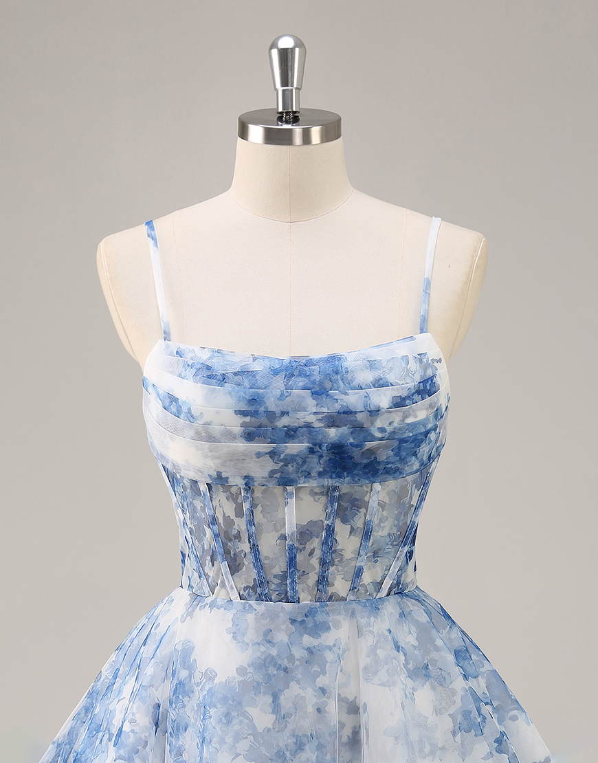 White and Blue Floral Corset Ruched Short Homecoming Dress