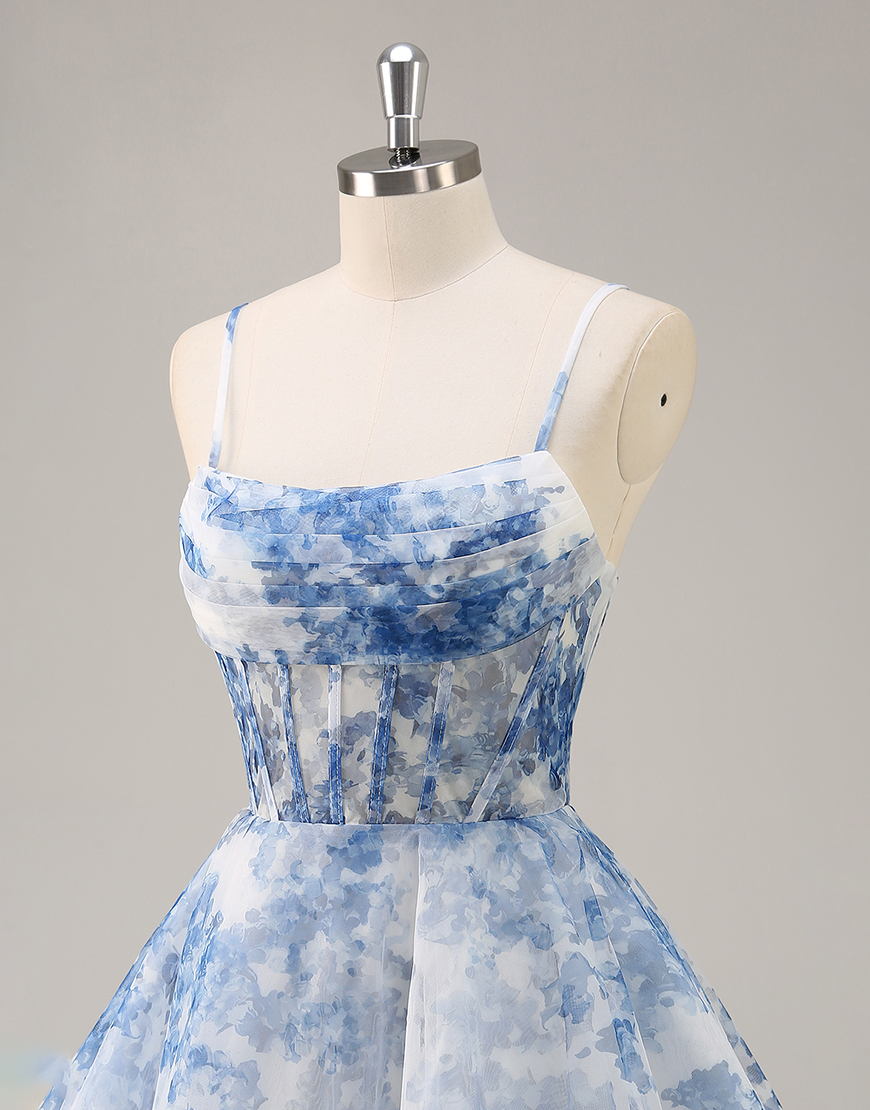 White and Blue Floral Corset Ruched Short Homecoming Dress