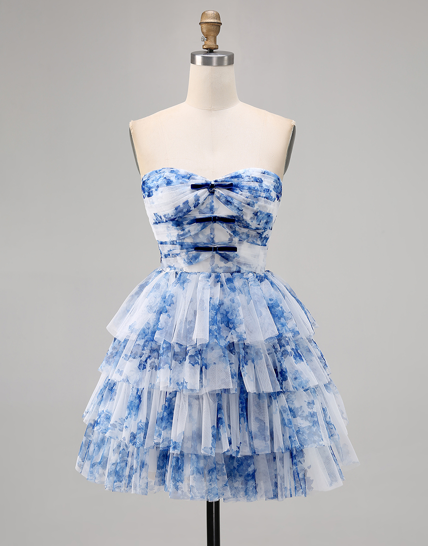 White and Blue Floral Ruffled A Line Short Homecoming Dress with Bows