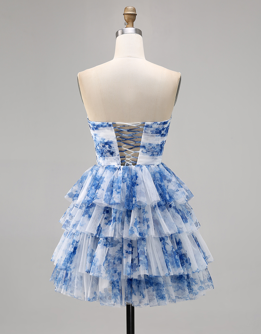 White and Blue Floral Ruffled A Line Short Homecoming Dress with Bows