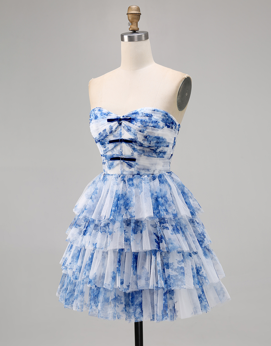 White and Blue Floral Ruffled A Line Short Homecoming Dress with Bows