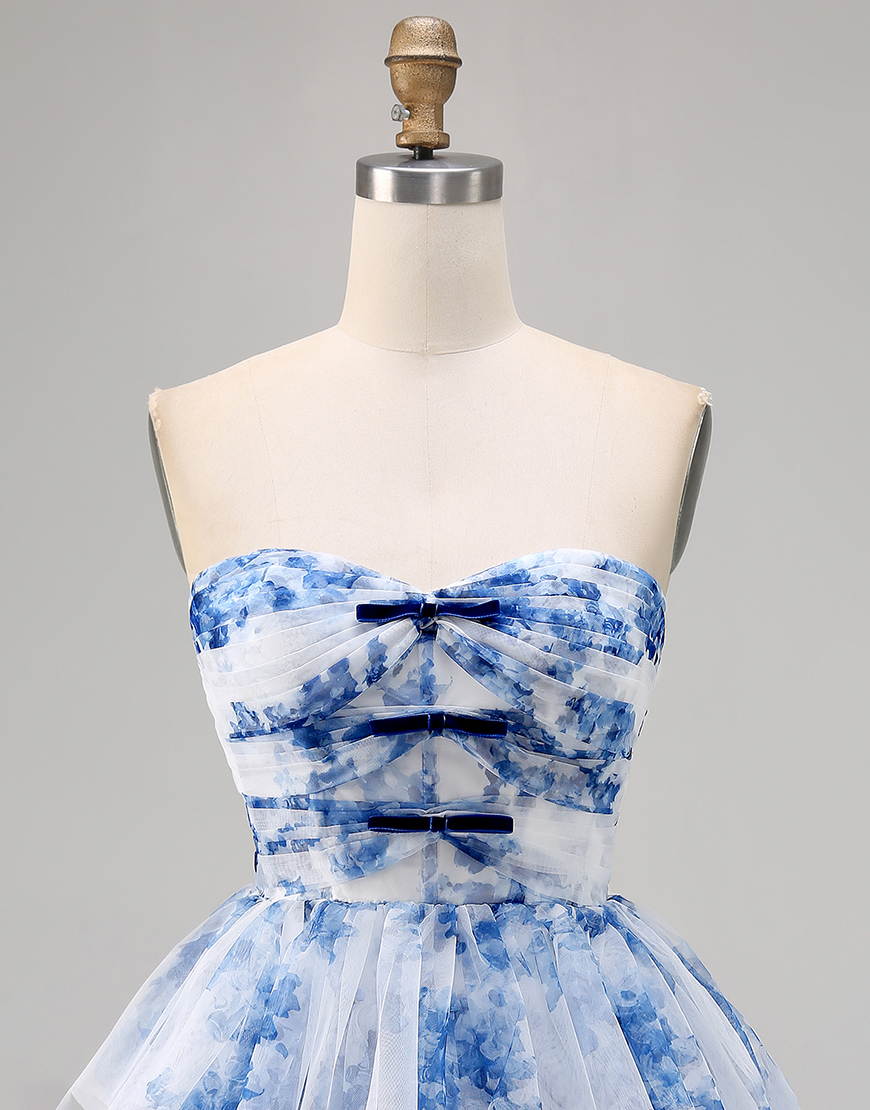 White and Blue Floral Ruffled A Line Short Homecoming Dress with Bows