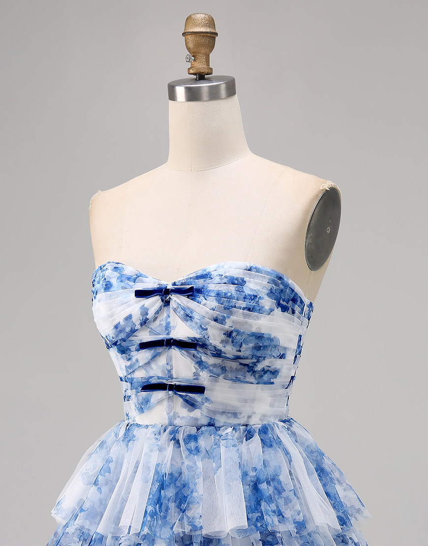 White and Blue Floral Ruffled A Line Short Homecoming Dress with Bows