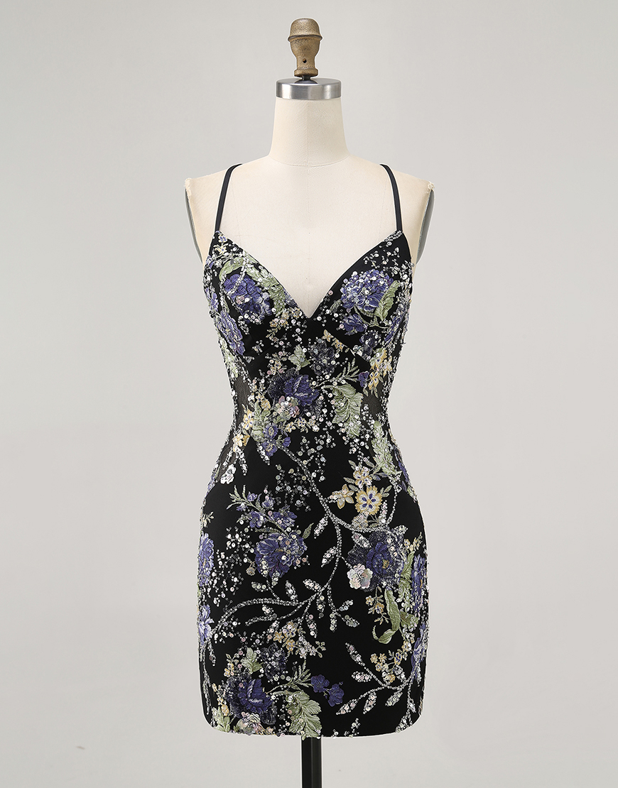 Berlinnova Women Sparkly Black Tight Floral Short Homecoming Dress with Beading Spaghetti Straps Lace-Up Back Cocktail Dress