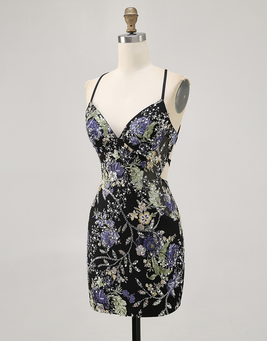 Sparkly Black Tight Floral Short Homecoming Dress with Beading