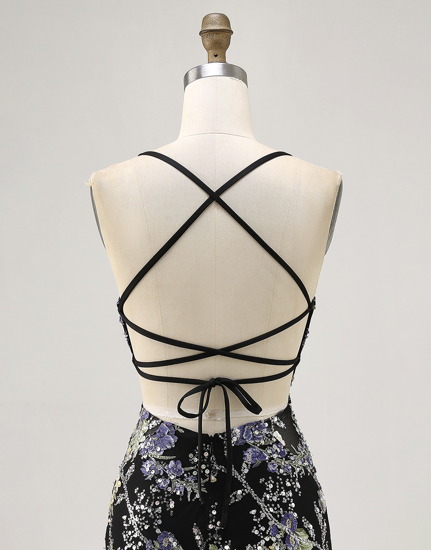 Sparkly Black Tight Floral Short Homecoming Dress with Beading