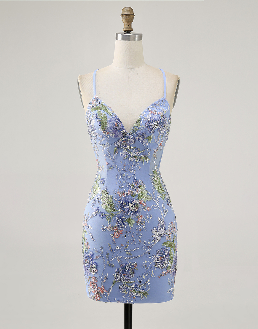Sparkly Blue Beaded Floral Tight Short Homecoming Dress with Sequins