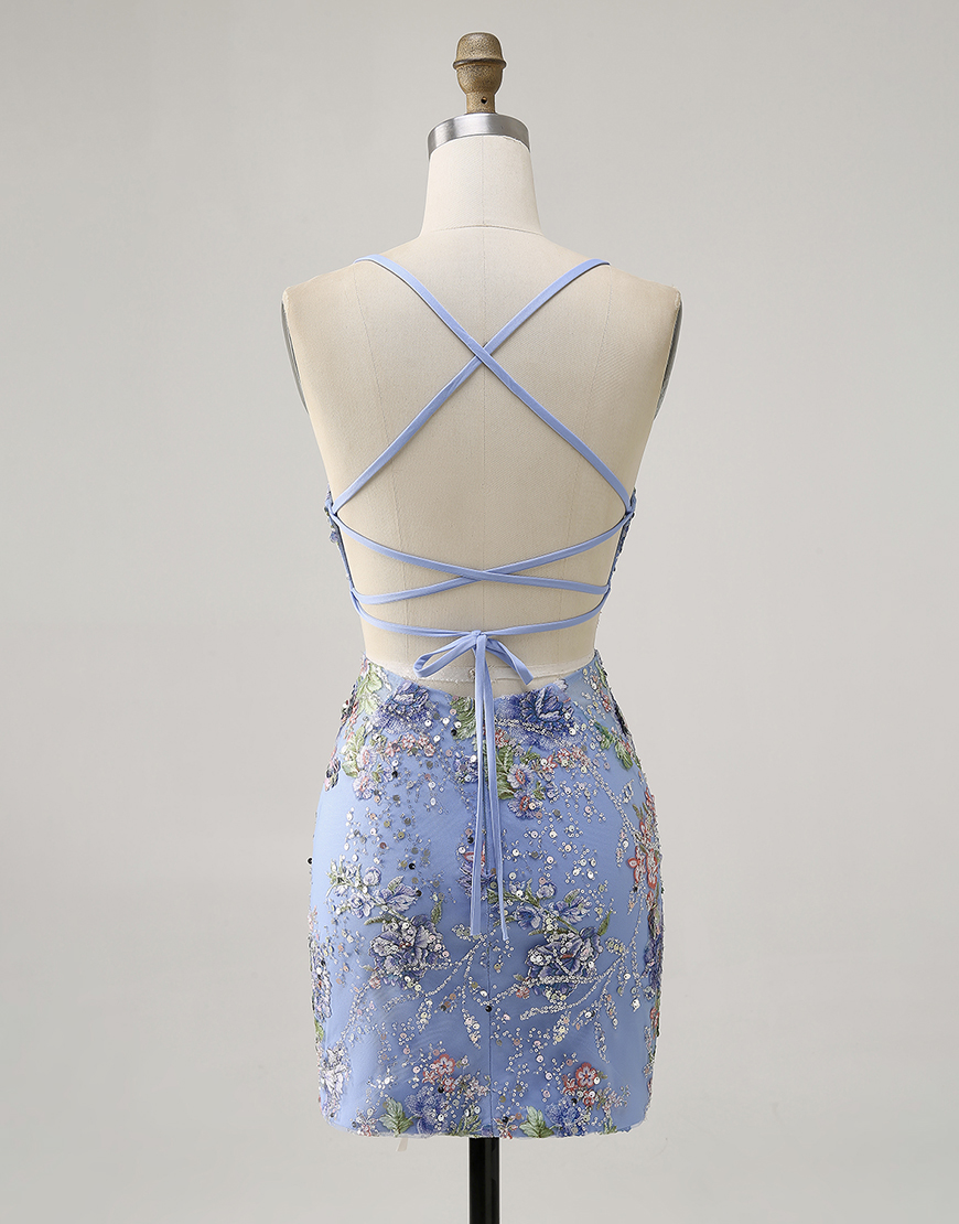 Sparkly Lilac Tight Floral Short Homecoming Dress with Sequins