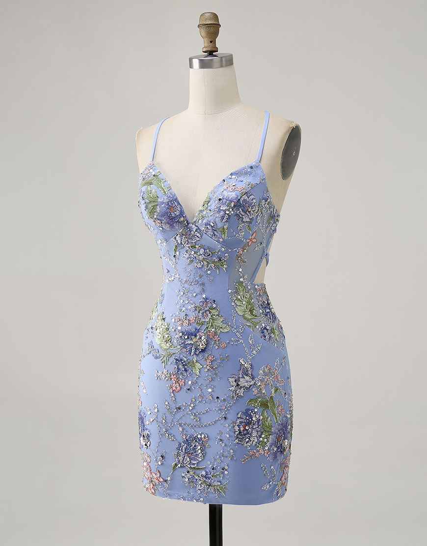 Sparkly Lilac Tight Floral Short Homecoming Dress with Sequins