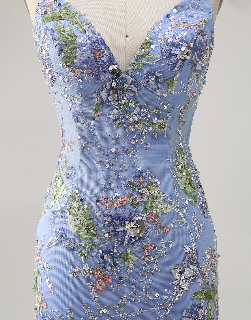 Sparkly Lilac Tight Floral Short Homecoming Dress with Sequins